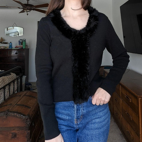 Vintage Y2K Merino Wool Rabbit Fur Trim Cardigan Sweater