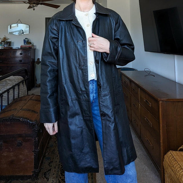 Vintage Excelled Black Leather Long Trench Button Up Jacket.