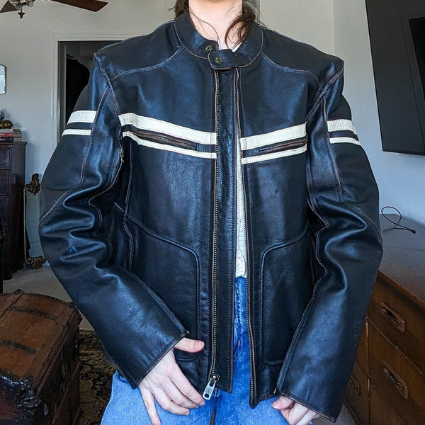 Vintage Y2K Leather Stripe River Road Motorcycle Racer Moto Jacket