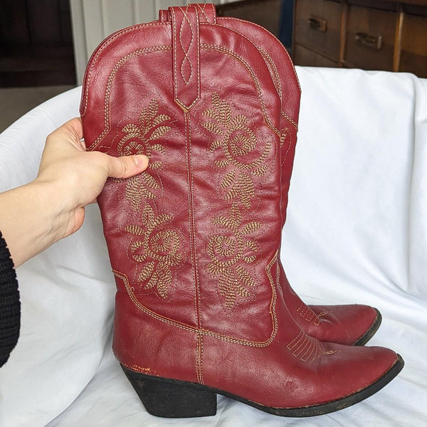 Vintage Red Vegan Leather Embroidered Stitched Cowboy Boots