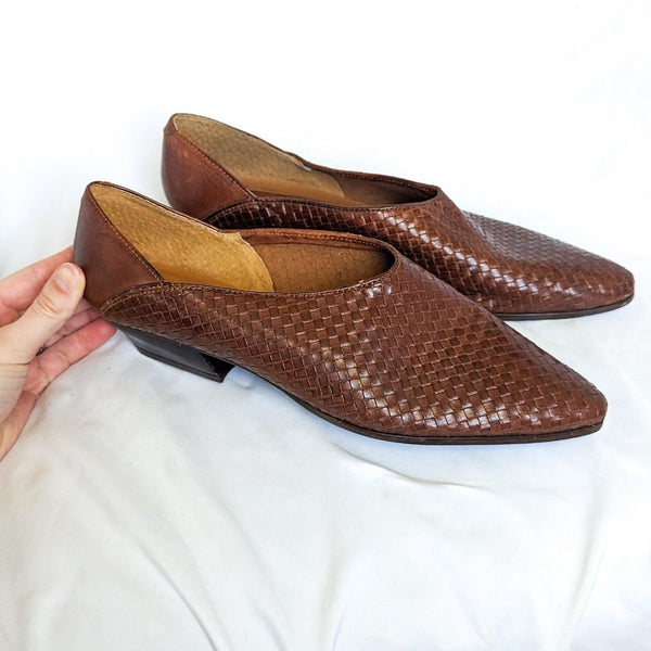 Vintage Pointed Toe Woven Leather Heeled Mules