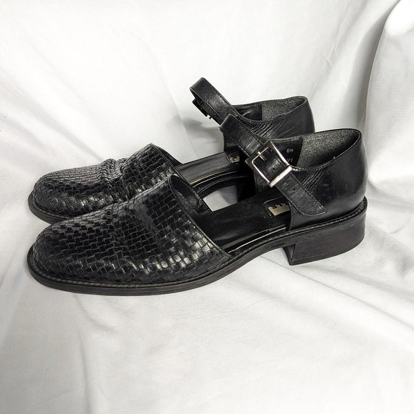 Vintage 90s Leather Woven Mary Jane Black Shoes