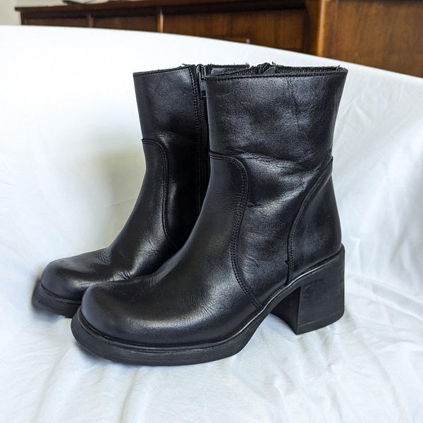 Vintage 90s Style Black Leather Chunky Square Toe Boots