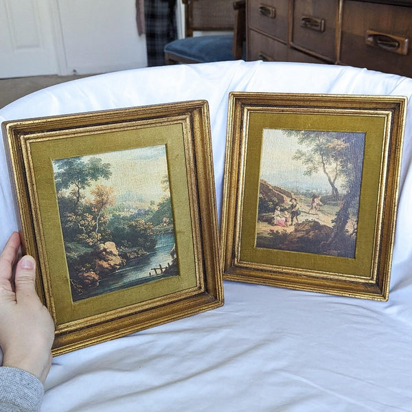 Pair of Vintage Rococo Cognaroli Velvet Framed Art Prints Painting Reproductions