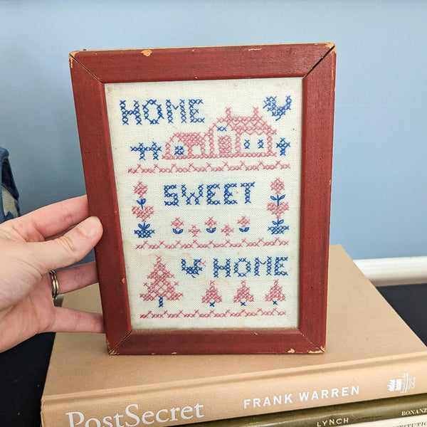 Vintage Home Sweet Home Red and Blue Embroidery Art