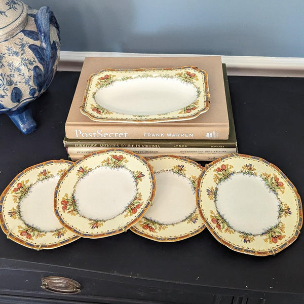 Vintage Antique Crown Ducal Ware Lot Plates and Serving Tray Tulip Pattern Made In England