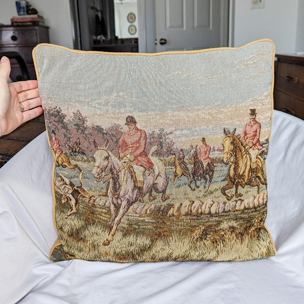 Vintage English Hunt Scene Tapestry Decorative Throw Pillow