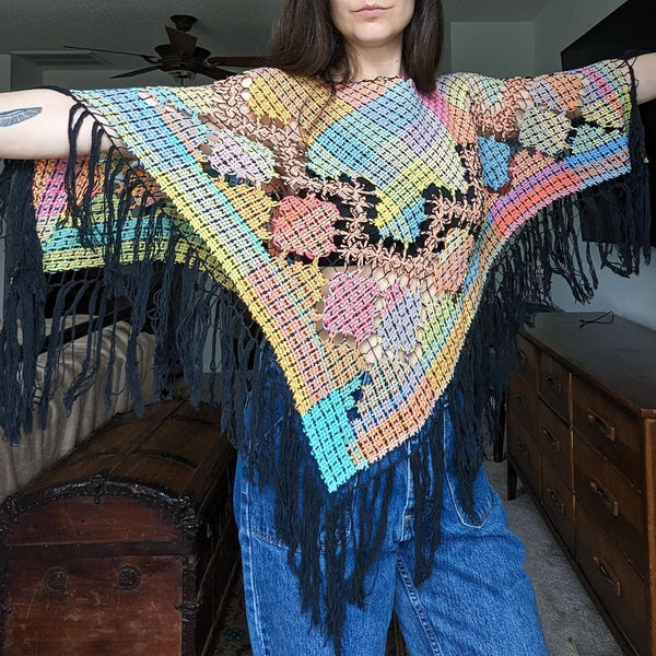 Vintage Crochet Knit Fringe Rainbow Poncho Shawl