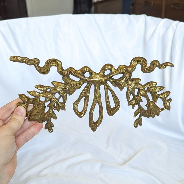 Vintage Brass Bow Ribbon and Floral Wall Pediment Decorative Hanging