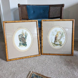 Vintage Pair of Burl Wood Style Framed Oval Matted Owl Prints Hanging Wall Art