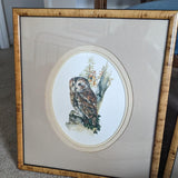 Vintage Pair of Burl Wood Style Framed Oval Matted Owl Prints Hanging Wall Art