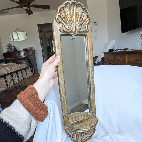 Vintage Antiqued Gold Hollywood Regency Style Clam Shell Wall Display Shelf Mirror