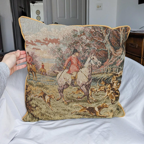 Vintage English Hunt Scene Tapestry Decorative Throw Pillow