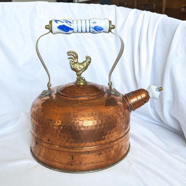 Vintage Hammered Copper French Country Style Delft Blue and White Brass Rooster Tea Kettle