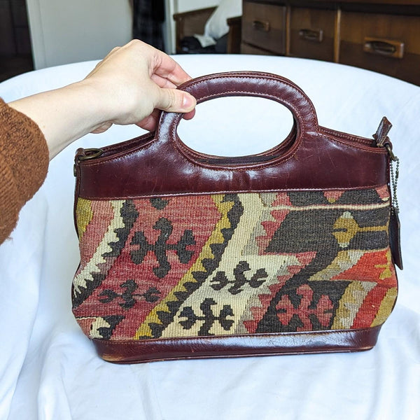 Vintage Kilim Art Leather Handle Purse Made In Turkey