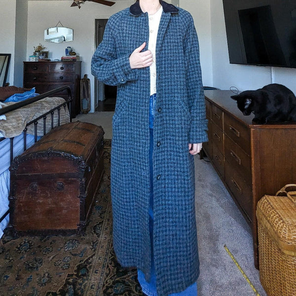 Vintage L.L.Bean 90's Long Blue Plaid Wool Blend Lightweight Trench Coat