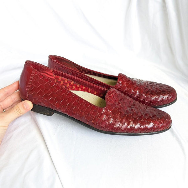 Vintage Oxblood Red Leather Woven Flats Loafers