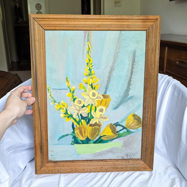 Vintage Framed Yellow Daffodil Artist Signed Original Artwork Painting