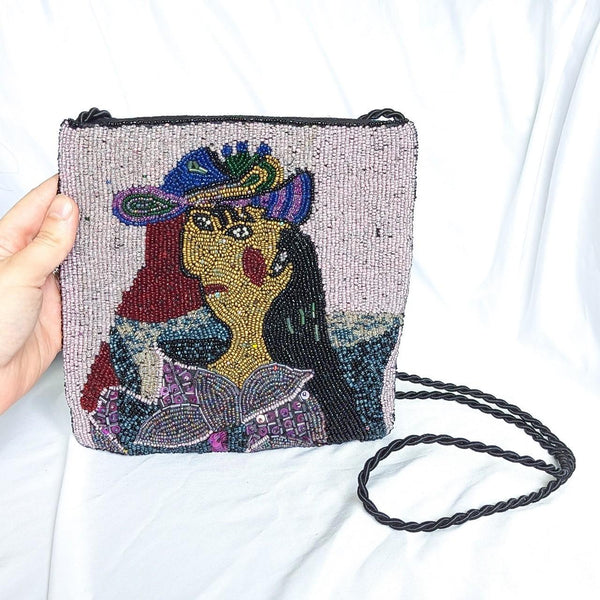 Vintage Beaded Woman Abstract Face Crossbody Purse