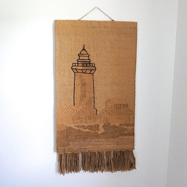 Vintage Large Jute Handwoven Lighthouse Hanging Wall Tapestry