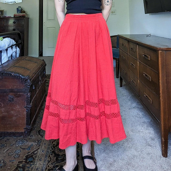 Vintage Tomato Red Cotton Crochet Tiered Maxi Skirt