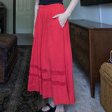 Vintage Tomato Red Cotton Crochet Tiered Maxi Skirt