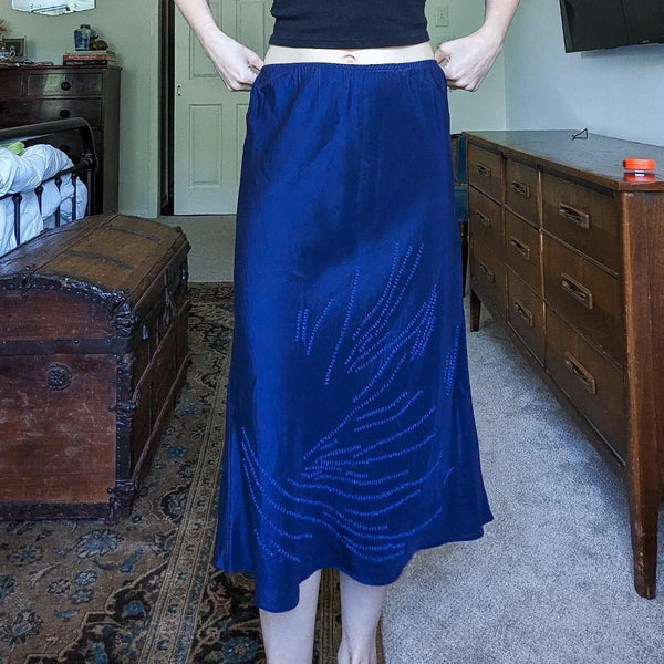 Vintage Y2K Banana Republic 100% Silk Sunburst Beaded Blue Midi Slip Skirt