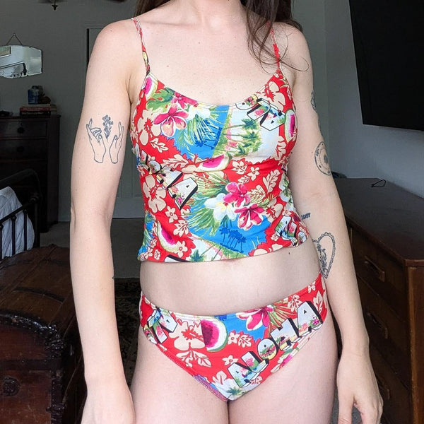 Vintage Red Christina Tropical Hawaiian Pattern Tankini Swimsuit Set