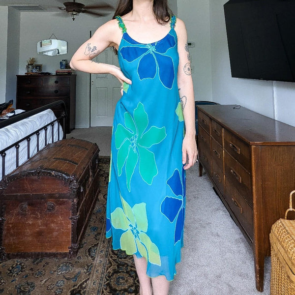 Vintage Deadstock Sangria Y2K Blue Flower Print Slinky Dress