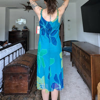Vintage Deadstock Sangria Y2K Blue Flower Print Slinky Dress