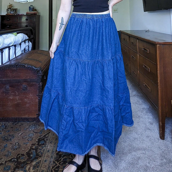 Vintage Denim Cambray Tiered Maxi Skirt with Elastic Waist