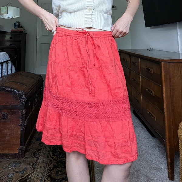 Vintage Tomato Red Tiered Crochet Knee Length Skirt