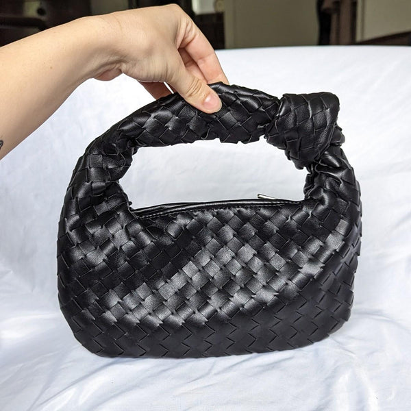 Black Faux Leather Woven Knotted Clutch Purse Bag