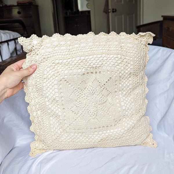 Vintage Cream Colored Crochet Decorative Pillow.