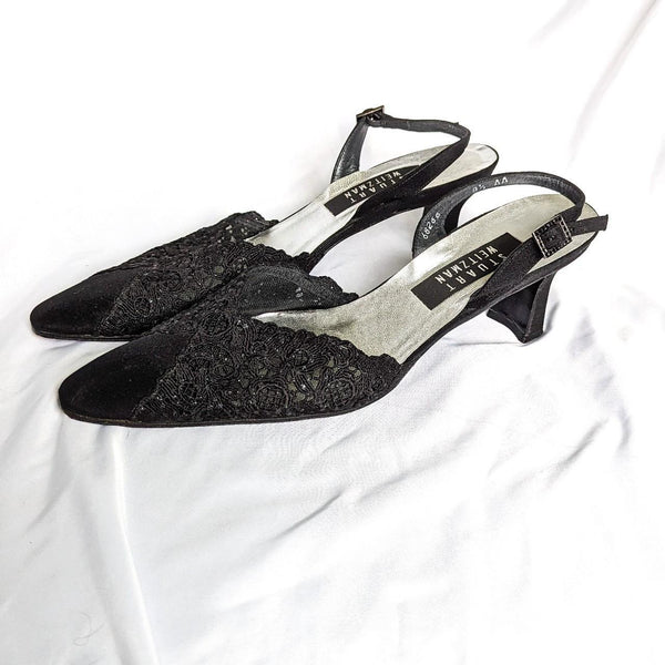 Vintage Stuart Weitzman Pointed Toe Sparkly Lace Black Heels