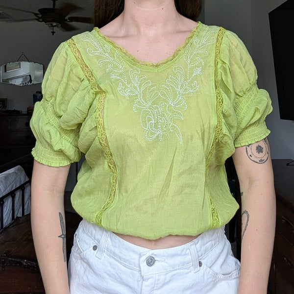 Vintage Smocked Embroidered Lace Detail Green Peasant Milkmaid Style Blouse