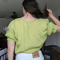 Vintage Smocked Embroidered Lace Detail Green Peasant Milkmaid Style Blouse