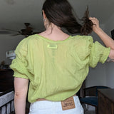 Vintage Smocked Embroidered Lace Detail Green Peasant Milkmaid Style Blouse