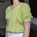 Vintage Smocked Embroidered Lace Detail Green Peasant Milkmaid Style Blouse