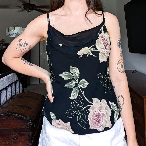 Vintage Caché Black Rose Pattern Scoop Neck Romantic Tank Top