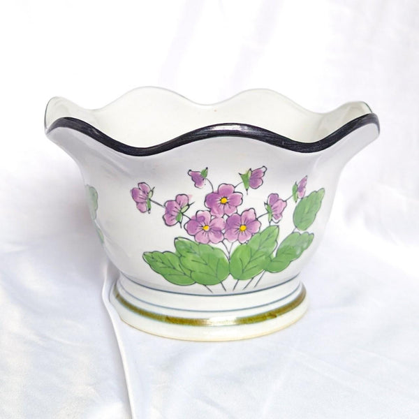 Vintage Scalloped White Painted Purple Flowers Design Planter Pot