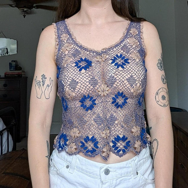 Vintage Beige and Blue Floral Crochet Tank Top