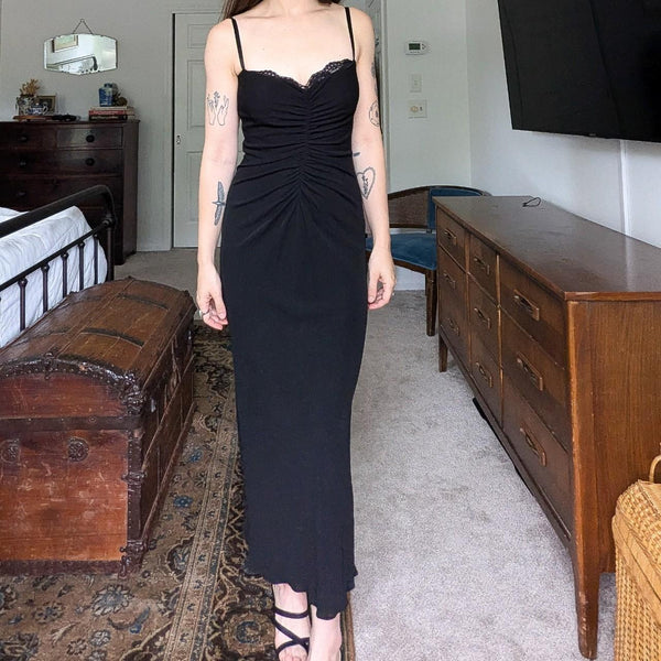 Vintage 90s Caché Black Corset Style Slinky Long Dress