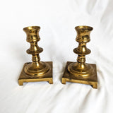 Pair of Brass Square Base Short Candlestick Holders