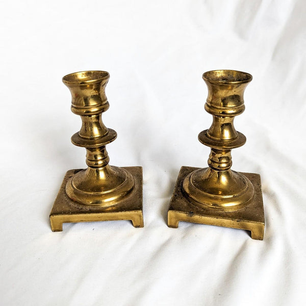 Pair of Brass Square Base Short Candlestick Holders