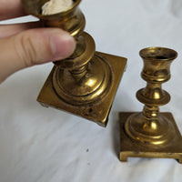 Pair of Brass Square Base Short Candlestick Holders