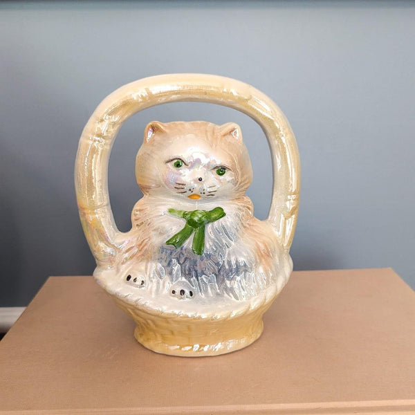 Vintage Kitchy Cat in a Basket Ceramic Figurine