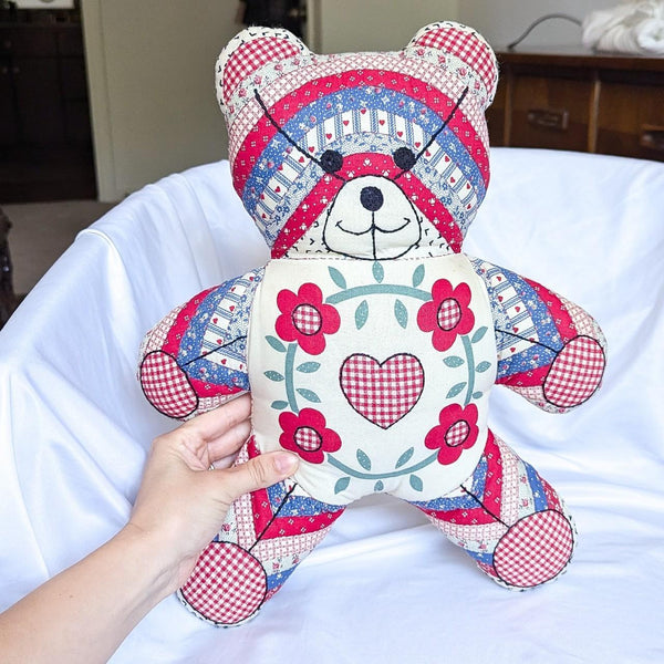 Vintage Floral Heart Red and Blue Quilted Teddy Bear