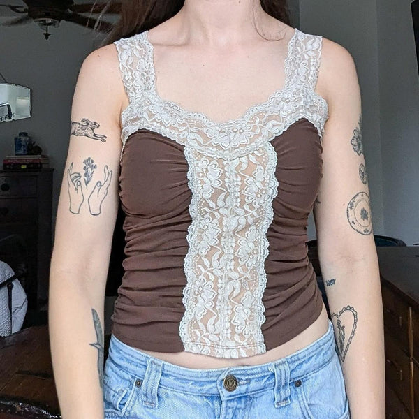 Vintage Y2K Brown Lace Bisou Bisou Michele Bohbot Tank Top