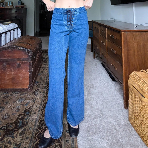 Vintage Y2K OP Ocean Pacific Lace Up Mid Rise Flair Jeans